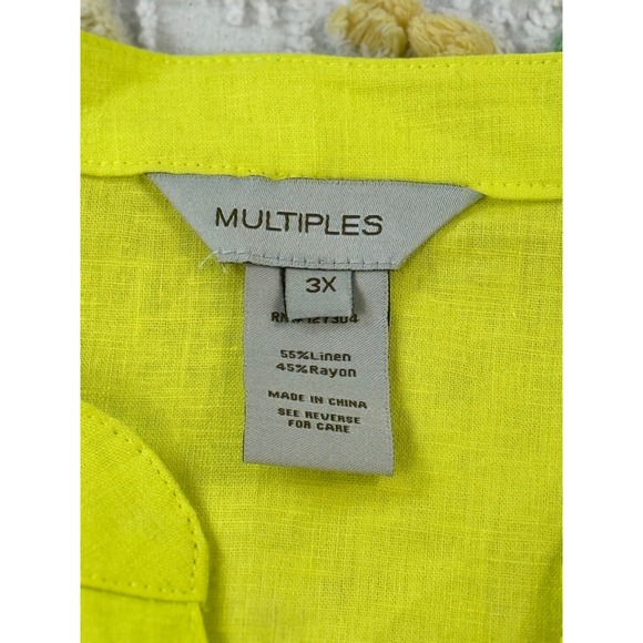 MULTIPLES‎ Womens Neon Yellow Linen Blend Button Front V-Neck Shirt Tunic Top 3X - Picture 9 of 10